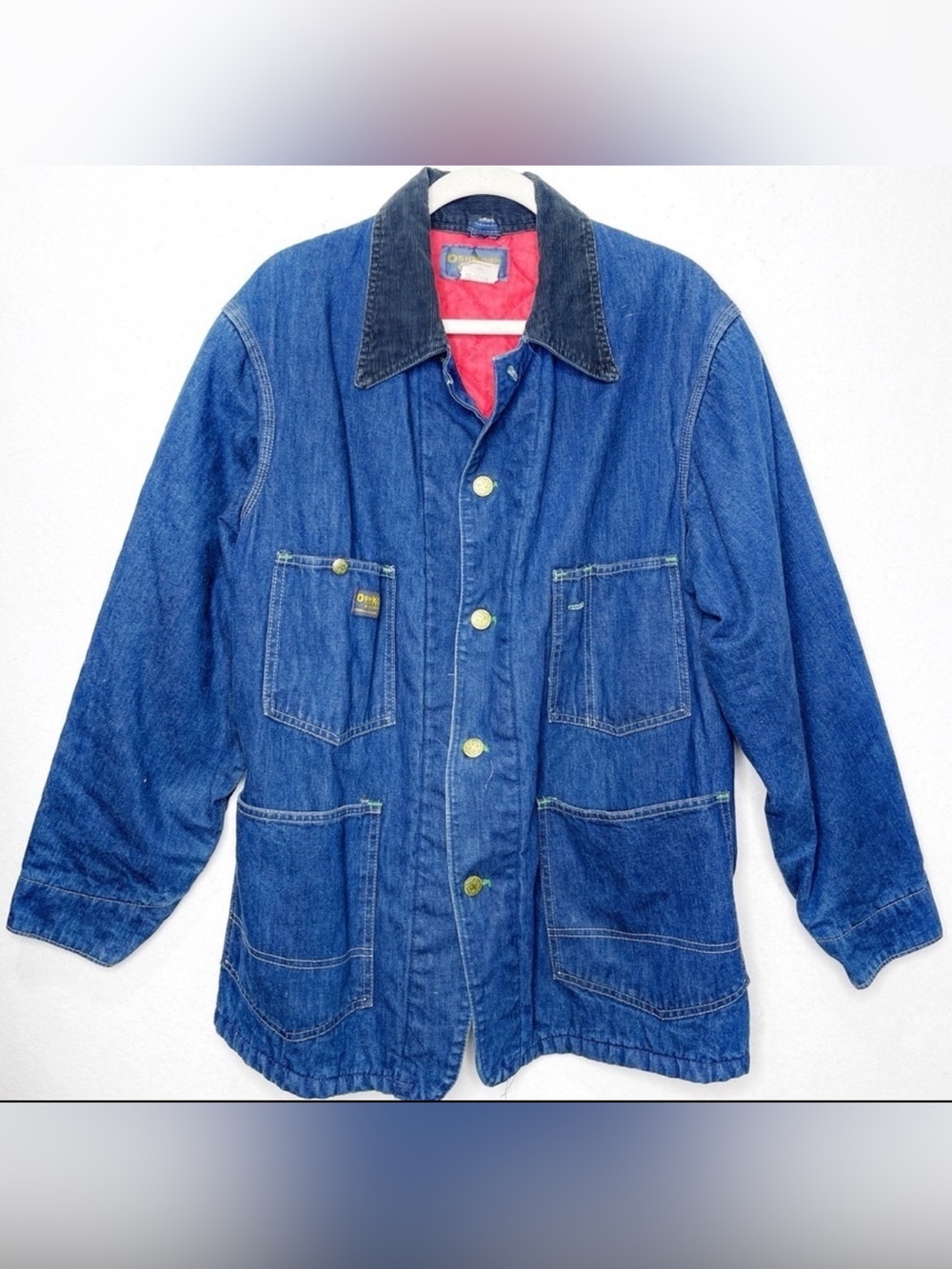 OshKosh B’Gosh Vintage 70s Denim Chore Barn Jacket Red Quilt Lined Union Made XL